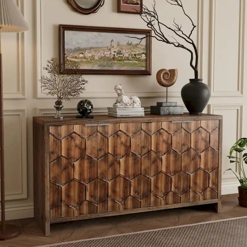 Accent Cabinet Farmhouse Style 4 Door Wooden Cabinet Sideboard Buffet Server Cabinet Storage Cabinet