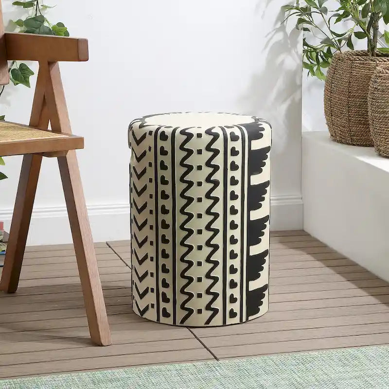 Zakhai 18  MidCentury Modern Geometric Drum Garden Stool, Cream/Black, by JONATHAN Y