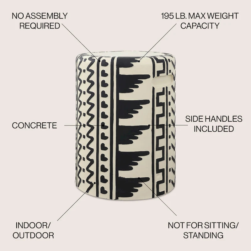 Zakhai 18  MidCentury Modern Geometric Drum Garden Stool, Cream/Black, by JONATHAN Y