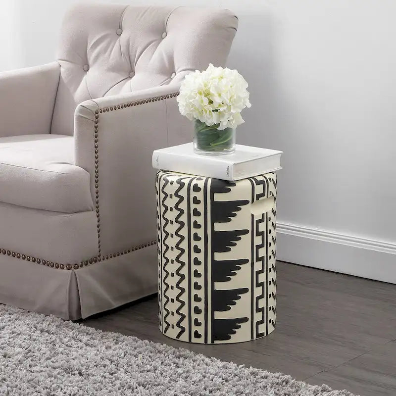 Zakhai 18  MidCentury Modern Geometric Drum Garden Stool, Cream/Black, by JONATHAN Y