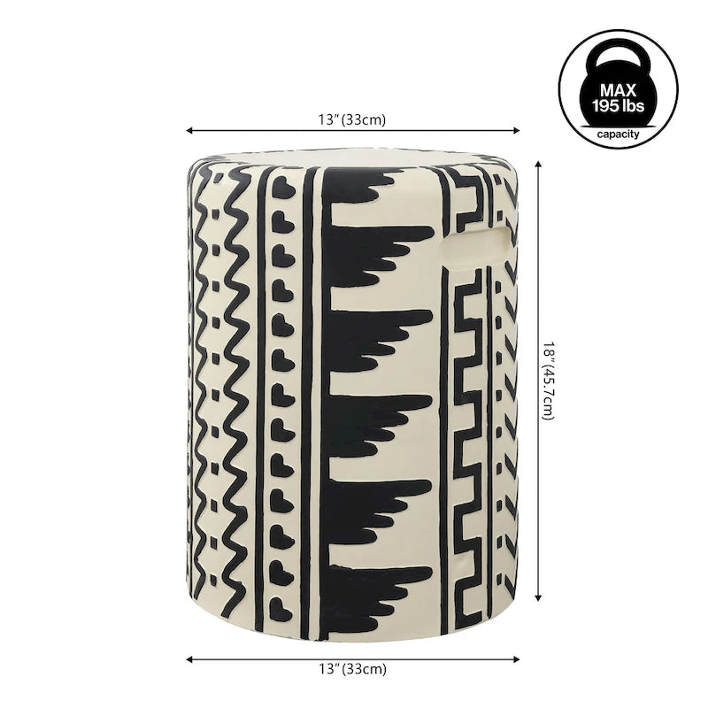 Zakhai 18  MidCentury Modern Geometric Drum Garden Stool, Cream/Black, by JONATHAN Y