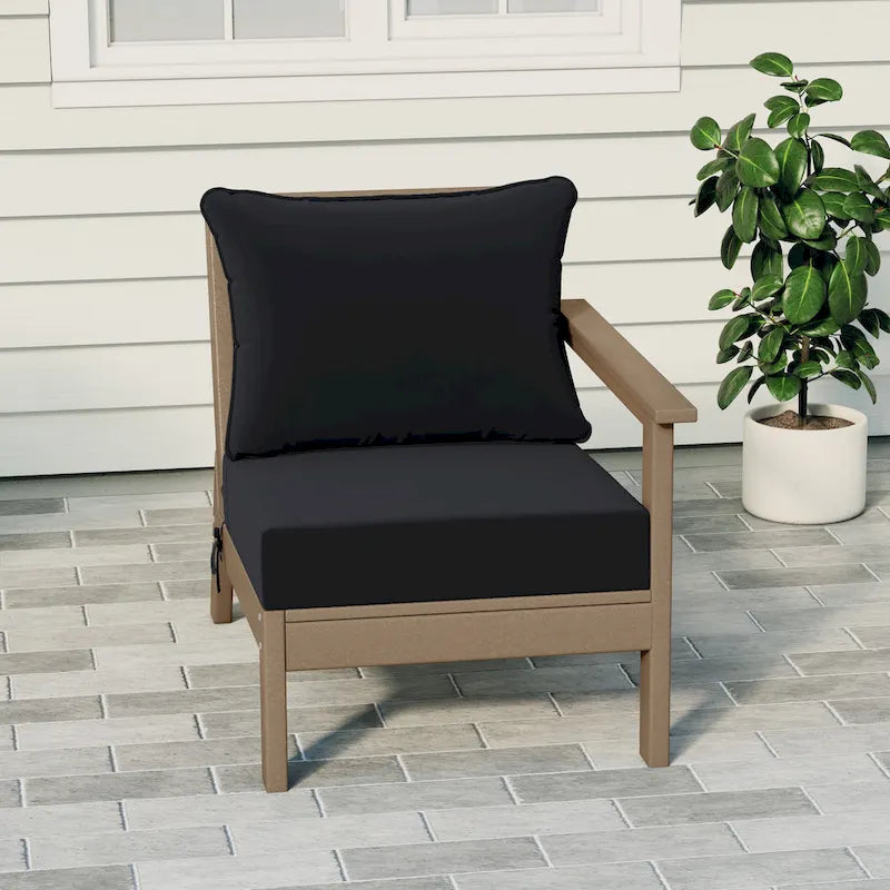 Polytrends Birchwood All Weather HDPE Outdoor Patio Deep Seating Weathered Wood Right Arm Facing Chair With Cushions (1-Piece)
