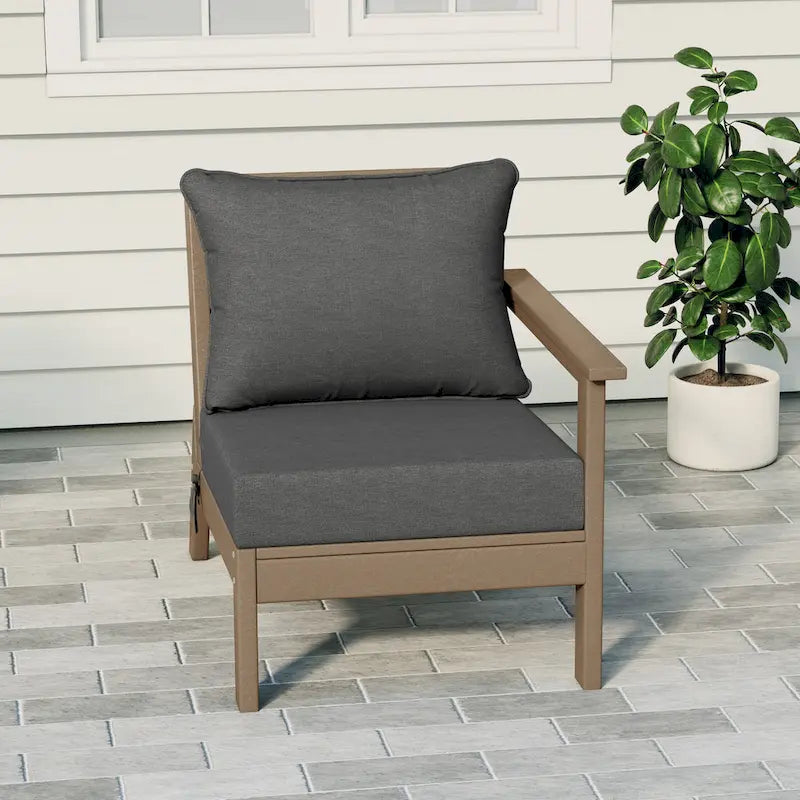 Polytrends Birchwood All Weather HDPE Outdoor Patio Deep Seating Weathered Wood Right Arm Facing Chair With Cushions (1-Piece)