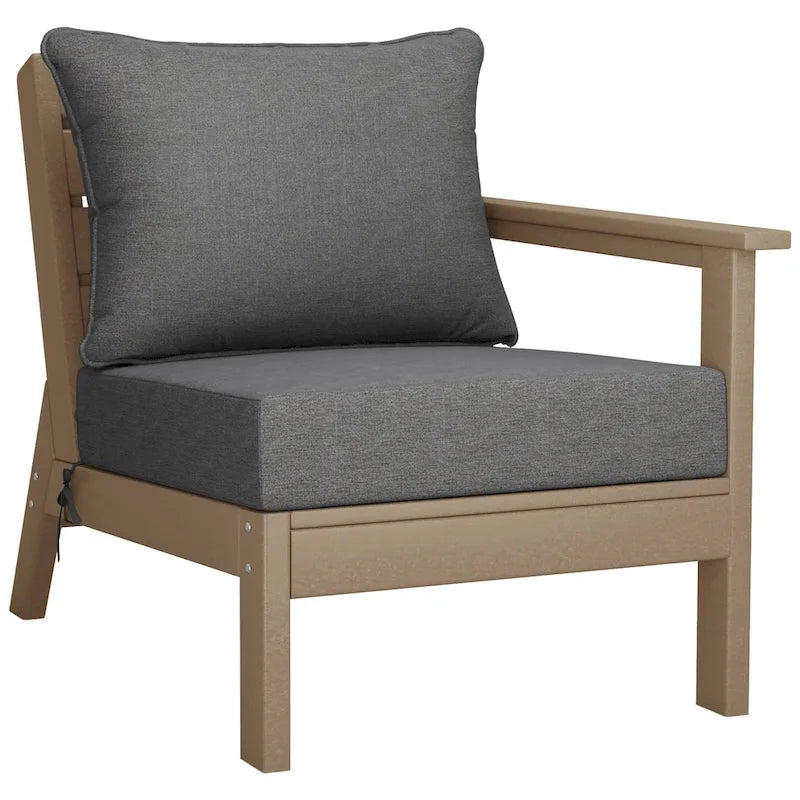 Polytrends Birchwood All Weather HDPE Outdoor Patio Deep Seating Weathered Wood Right Arm Facing Chair With Cushions (1-Piece)