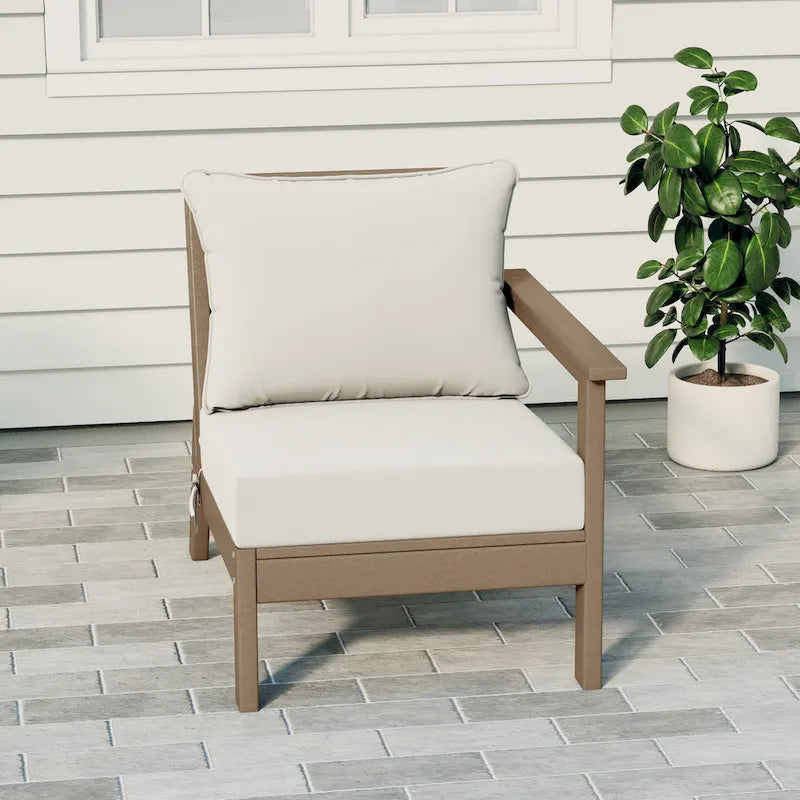 Polytrends Birchwood All Weather HDPE Outdoor Patio Deep Seating Weathered Wood Right Arm Facing Chair With Cushions (1-Piece)