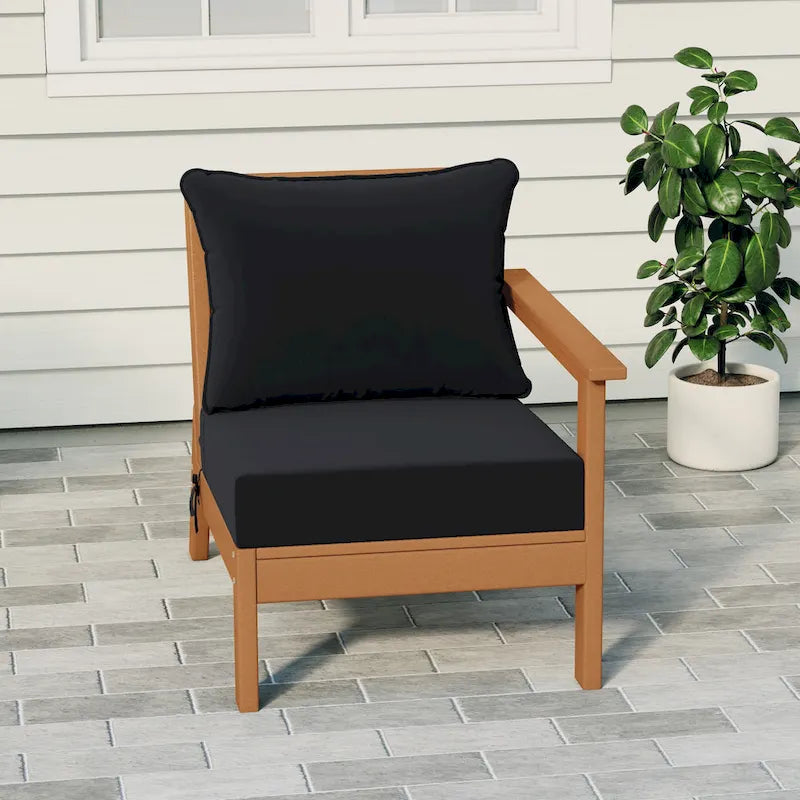 Polytrends Birchwood All Weather HDPE Outdoor Patio Deep Seating Teak Right Arm Facing Chair With Cushions (1-Piece)