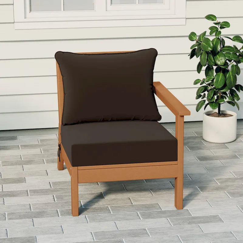 Polytrends Birchwood All Weather HDPE Outdoor Patio Deep Seating Teak Right Arm Facing Chair With Cushions (1-Piece)