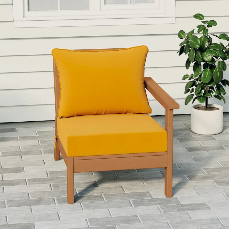Polytrends Birchwood All Weather HDPE Outdoor Patio Deep Seating Teak Right Arm Facing Chair With Cushions (1-Piece)
