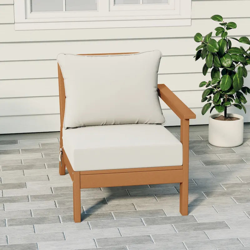 Polytrends Birchwood All Weather HDPE Outdoor Patio Deep Seating Teak Right Arm Facing Chair With Cushions (1-Piece)