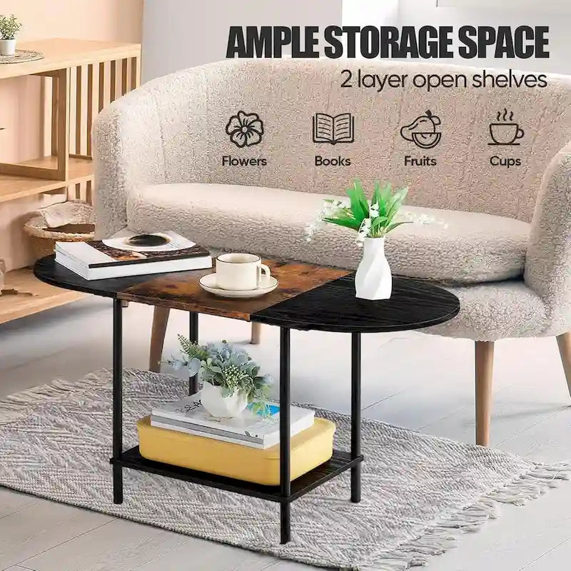 Mid-Century Oval Coffee Table w/2-Tier Storage for Small Spaces