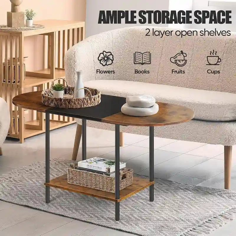 Mid-Century Oval Coffee Table w/2-Tier Storage for Small Spaces