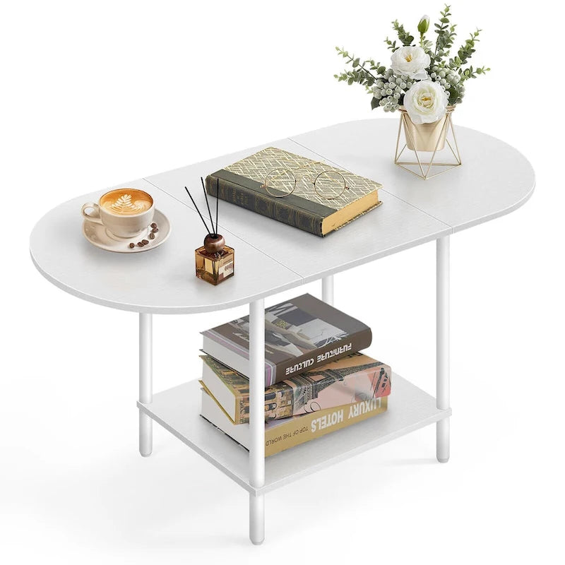 Mid-Century Oval Coffee Table w/2-Tier Storage for Small Spaces