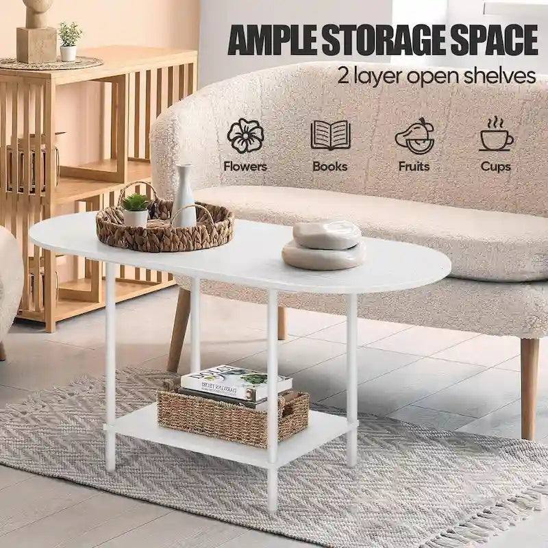 Mid-Century Oval Coffee Table w/2-Tier Storage for Small Spaces