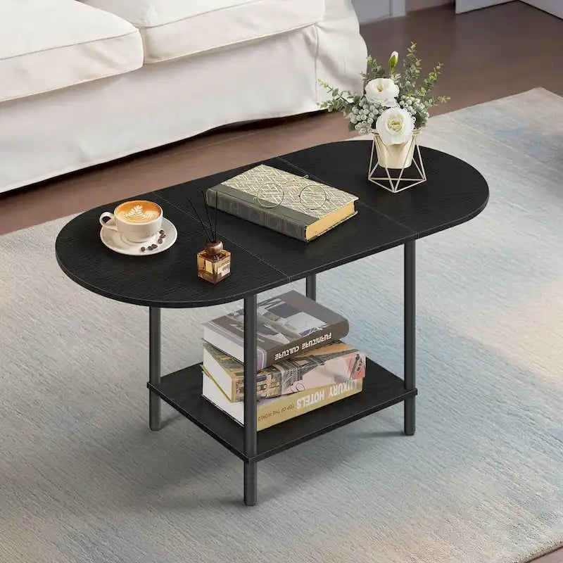 Mid-Century Oval Coffee Table w/2-Tier Storage for Small Spaces