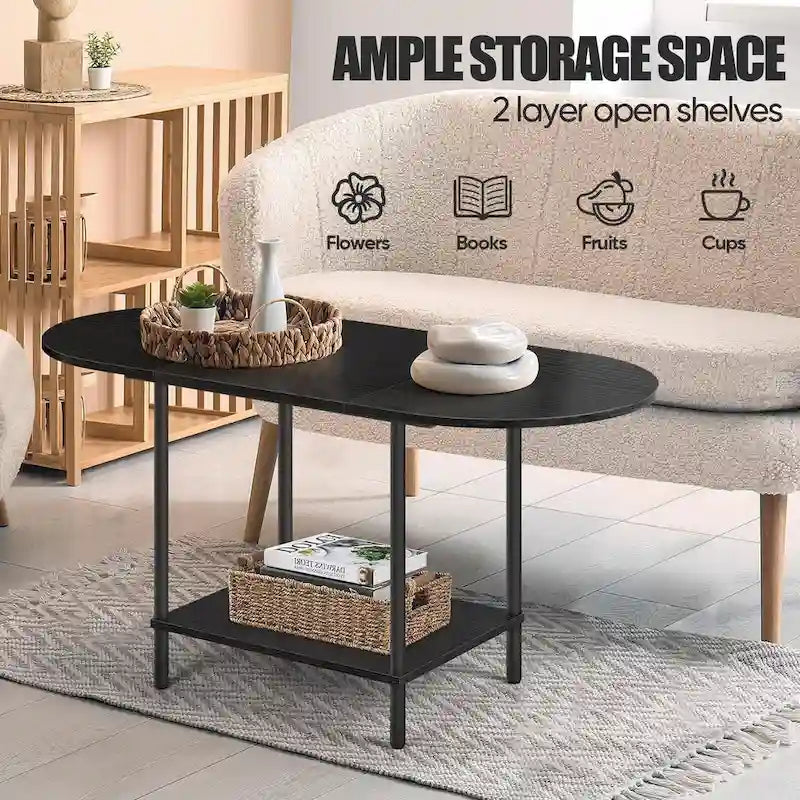 Mid-Century Oval Coffee Table w/2-Tier Storage for Small Spaces