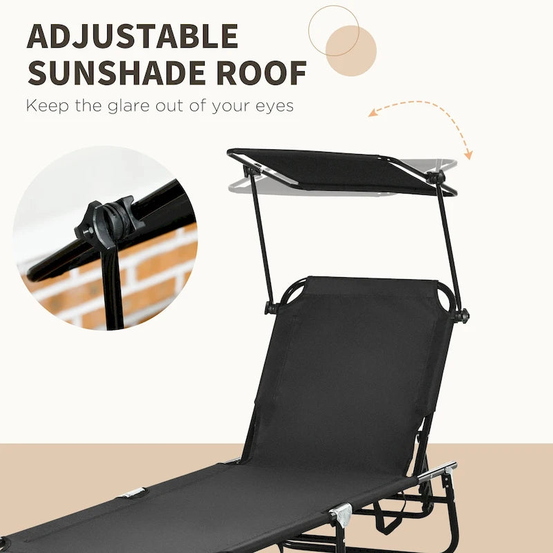 Outsunny Folding Chaise Lounge Pool Chairs, Outdoor Sun Tanning Chairs With Canopy Shade, Reclining Back