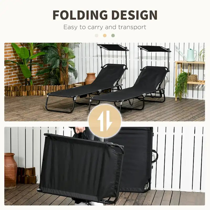 Outsunny Folding Chaise Lounge Pool Chairs, Outdoor Sun Tanning Chairs With Canopy Shade, Reclining Back