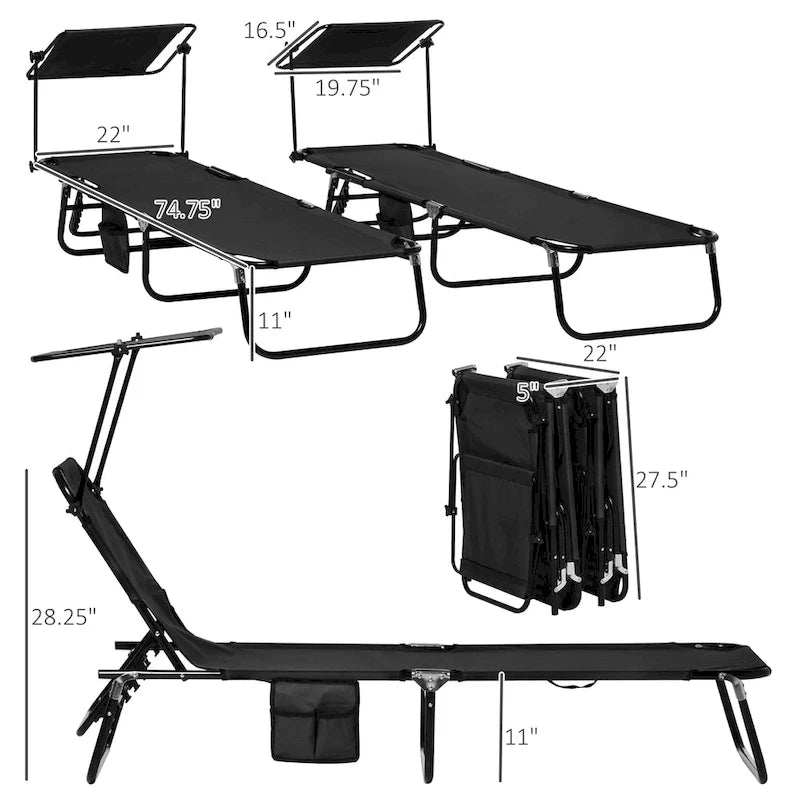 Outsunny Folding Chaise Lounge Pool Chairs, Outdoor Sun Tanning Chairs With Canopy Shade, Reclining Back