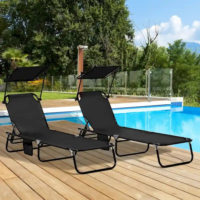 Outsunny Folding Chaise Lounge Pool Chairs, Outdoor Sun Tanning Chairs With Canopy Shade, Reclining Back