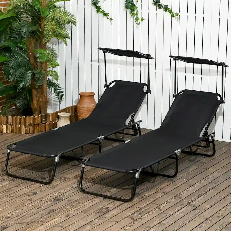 Outsunny Folding Chaise Lounge Pool Chairs, Outdoor Sun Tanning Chairs With Canopy Shade, Reclining Back
