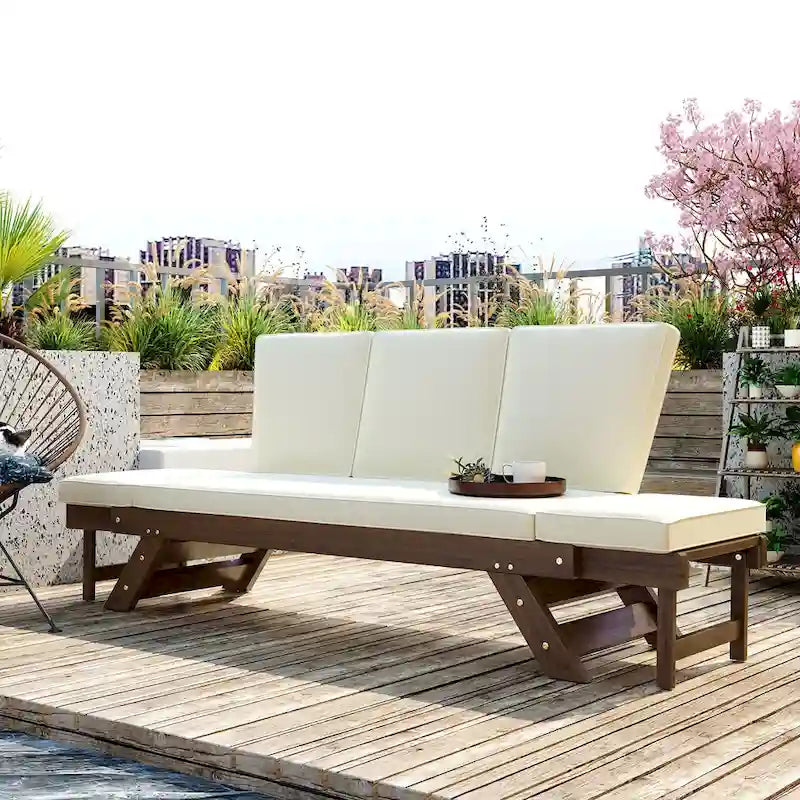 Outdoor Adjustable Patio Wooden Daybed Sofa Chaise Lounge with Cushions