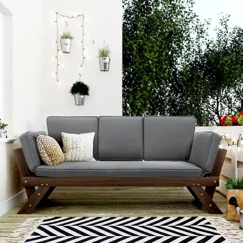 Outdoor Adjustable Patio Wooden Daybed Sofa Chaise Lounge with Cushions