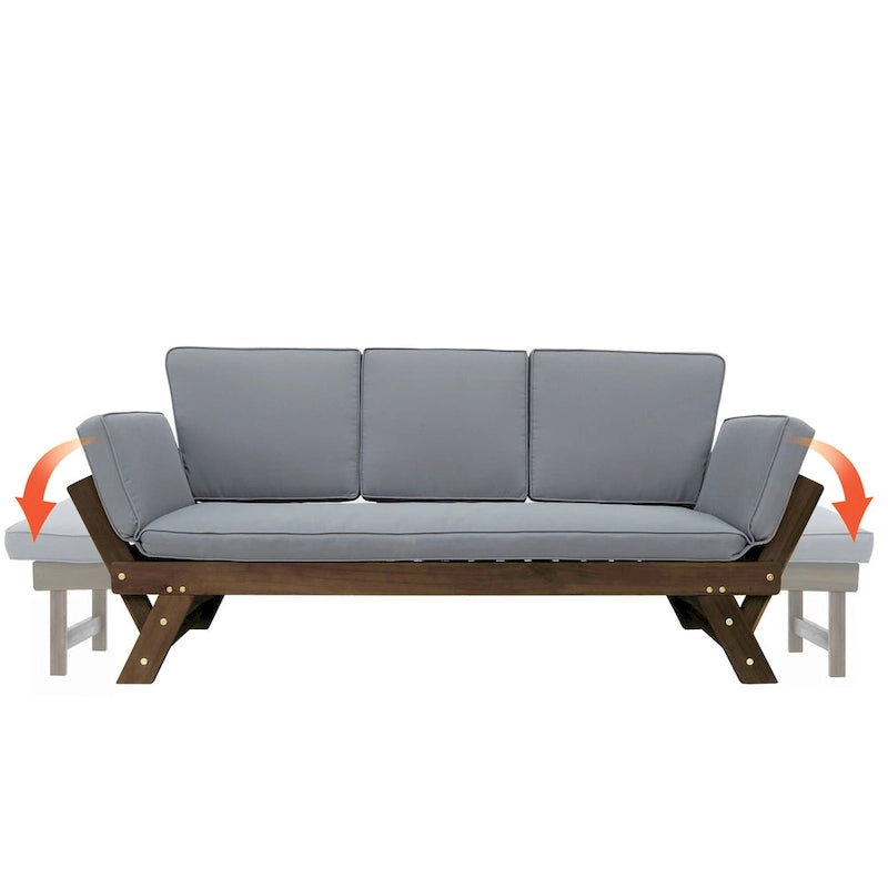 Outdoor Adjustable Patio Wooden Daybed Sofa Chaise Lounge with Cushions