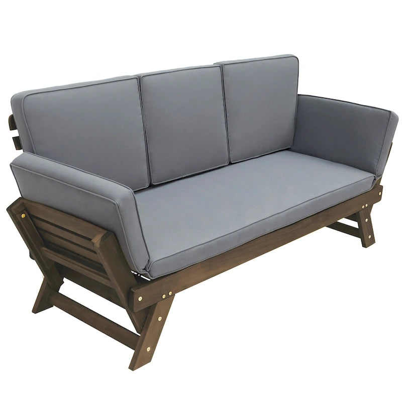 Outdoor Adjustable Patio Wooden Daybed Sofa Chaise Lounge with Cushions