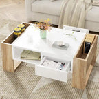 Modern Coffee Table, Two-Tone Center Table with Open Storage Shelf and 2 Drawers, Suitable for Living Room, Bedroom