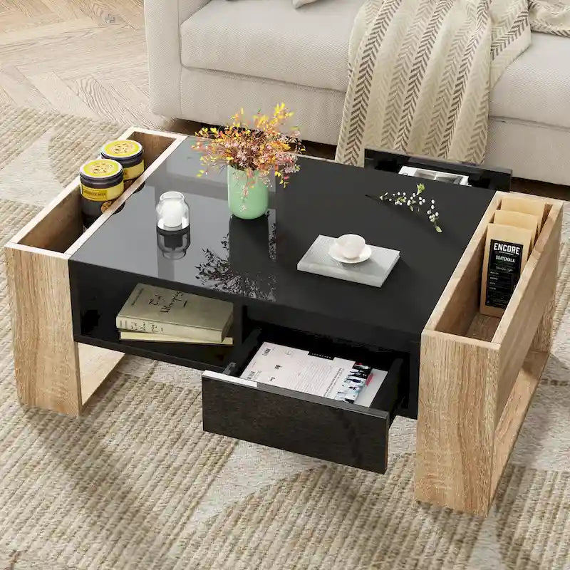 Modern Coffee Table, Two-Tone Center Table with Open Storage Shelf and 2 Drawers, Suitable for Living Room, Bedroom