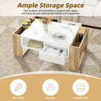 Modern Coffee Table, Two-Tone Center Table with Open Storage Shelf and 2 Drawers, Suitable for Living Room, Bedroom