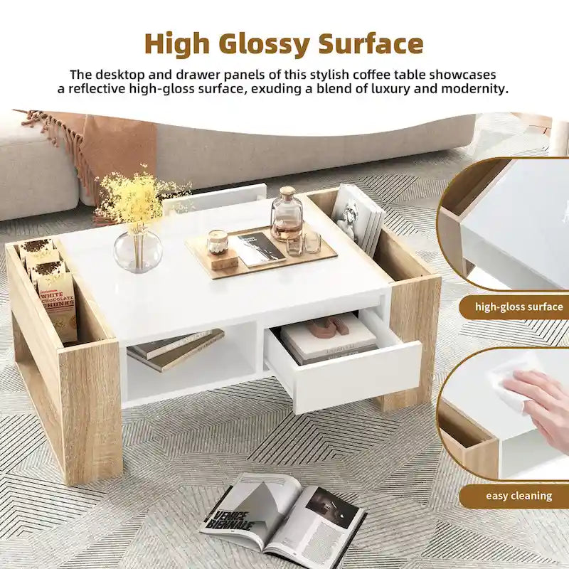 Modern Coffee Table, Two-Tone Center Table with Open Storage Shelf and 2 Drawers, Suitable for Living Room, Bedroom