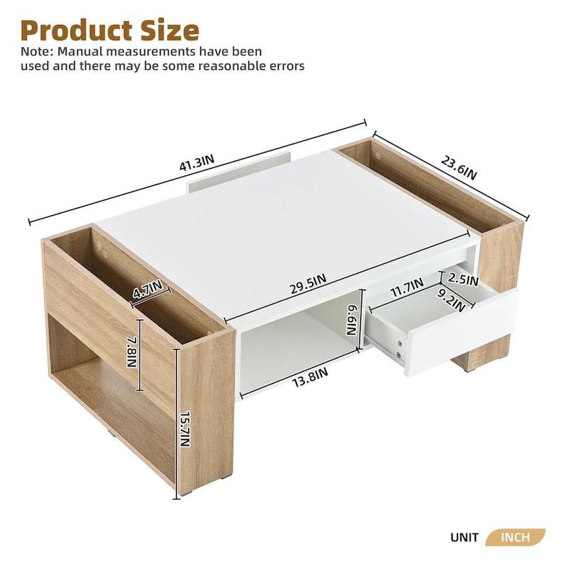 Modern Coffee Table, Two-Tone Center Table with Open Storage Shelf and 2 Drawers, Suitable for Living Room, Bedroom