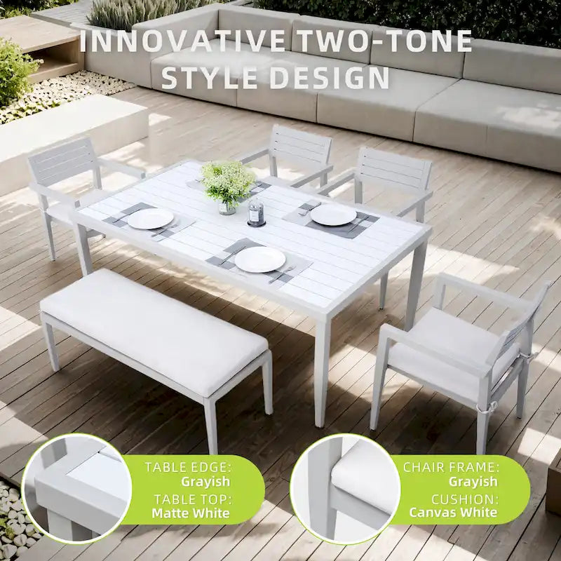 GDFStudio - Matte White & Grayish 6-Piece Patio Aluminum Dining Set with Sunbrella Cushions