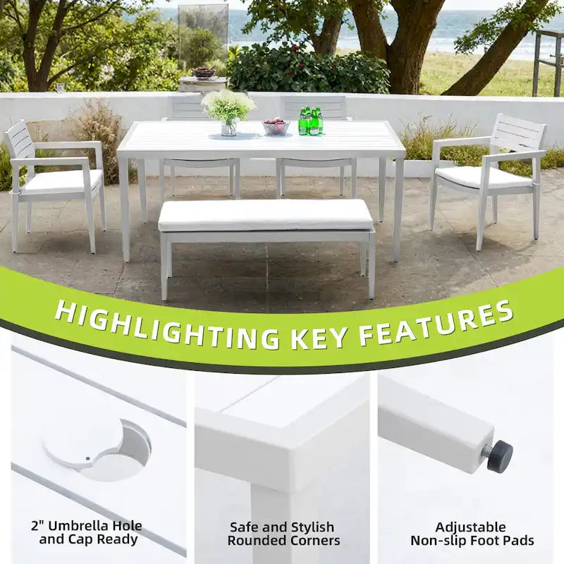 GDFStudio - Matte White & Grayish 6-Piece Patio Aluminum Dining Set with Sunbrella Cushions