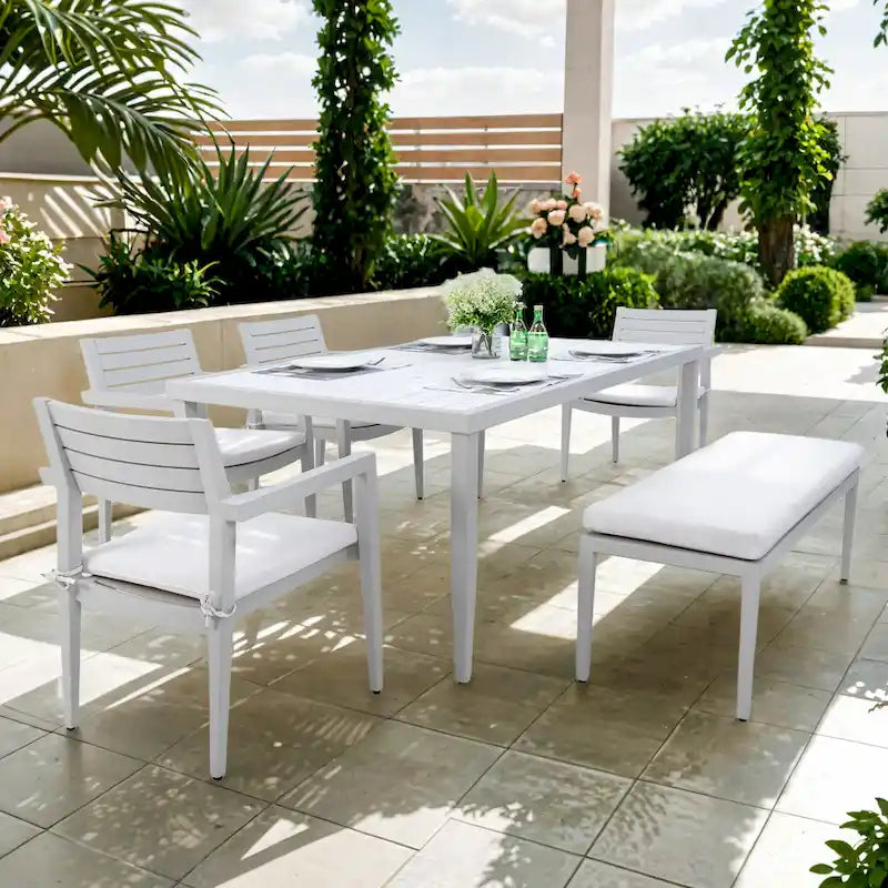 GDFStudio - Matte White & Grayish 6-Piece Patio Aluminum Dining Set with Sunbrella Cushions