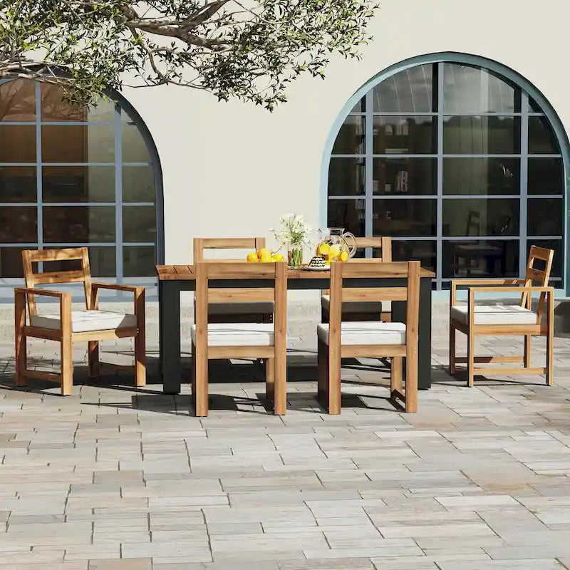 7 Piece Patio Table and Chairs Set, Wood Dining Table Set for 6 with Umbrella Hole, 2 Armchairs & 4 Side Chairs