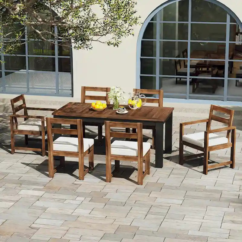 7 Piece Patio Table and Chairs Set, Wood Dining Table Set for 6 with Umbrella Hole, 2 Armchairs & 4 Side Chairs