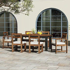 7 Piece Patio Table and Chairs Set, Wood Dining Table Set for 6 with Umbrella Hole, 2 Armchairs & 4 Side Chairs