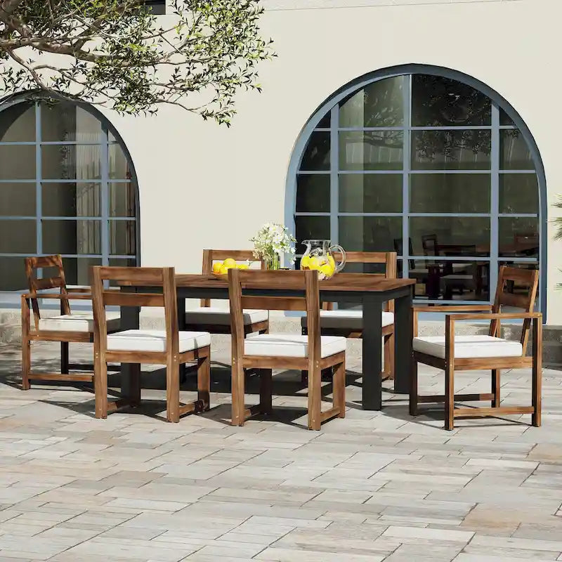 7 Piece Patio Table and Chairs Set, Wood Dining Table Set for 6 with Umbrella Hole, 2 Armchairs & 4 Side Chairs