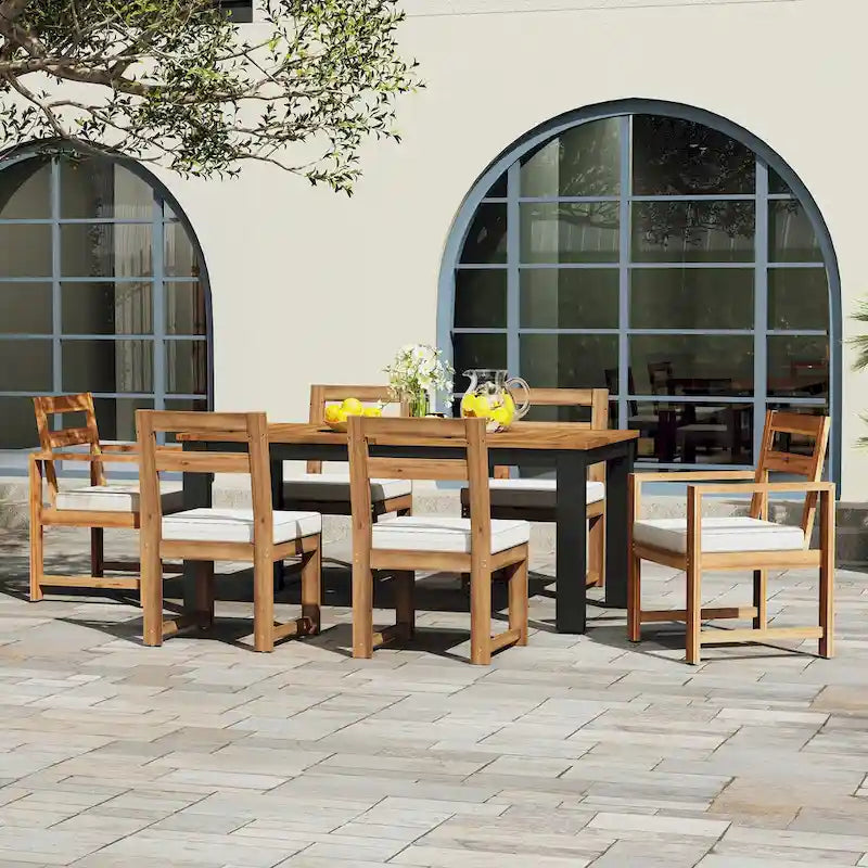 7 Piece Patio Table and Chairs Set, Wood Dining Table Set for 6 with Umbrella Hole, 2 Armchairs & 4 Side Chairs