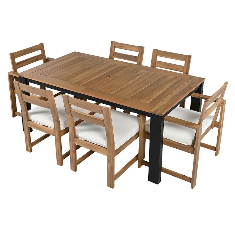 7 Piece Patio Table and Chairs Set, Wood Dining Table Set for 6 with Umbrella Hole, 2 Armchairs & 4 Side Chairs