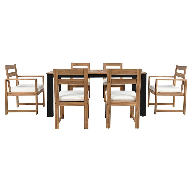 7 Piece Patio Table and Chairs Set, Wood Dining Table Set for 6 with Umbrella Hole, 2 Armchairs & 4 Side Chairs
