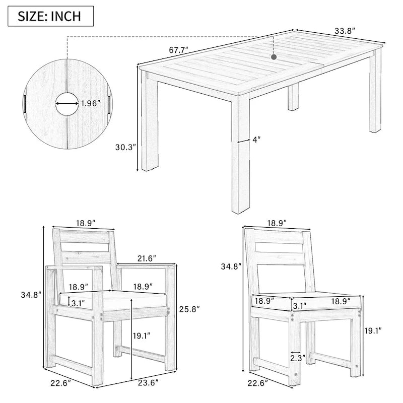 7 Piece Patio Table and Chairs Set, Wood Dining Table Set for 6 with Umbrella Hole, 2 Armchairs & 4 Side Chairs