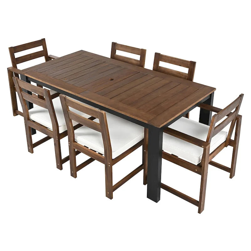 7 Piece Patio Table and Chairs Set, Wood Dining Table Set for 6 with Umbrella Hole, 2 Armchairs & 4 Side Chairs