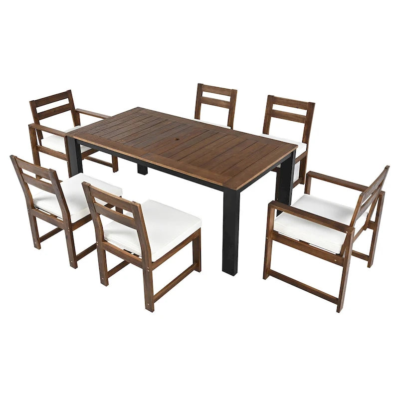 7 Piece Patio Table and Chairs Set, Wood Dining Table Set for 6 with Umbrella Hole, 2 Armchairs & 4 Side Chairs