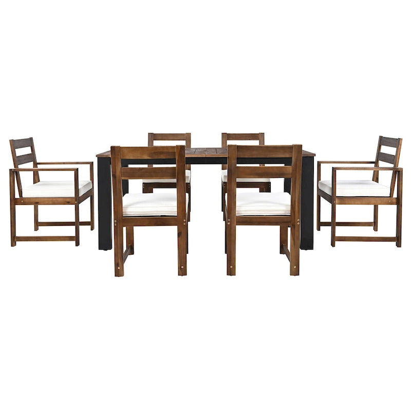 7 Piece Patio Table and Chairs Set, Wood Dining Table Set for 6 with Umbrella Hole, 2 Armchairs & 4 Side Chairs
