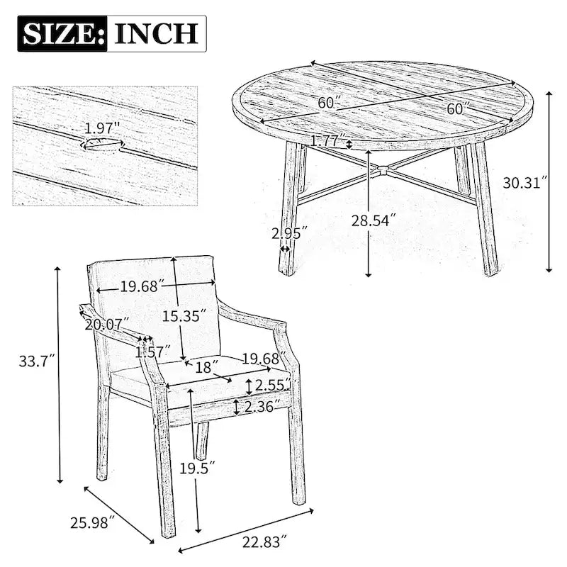 Outdoor Dinning Set 4-Person Outdoor Wooden Dinning Set with an Umbrella Hole and Removable Cushions