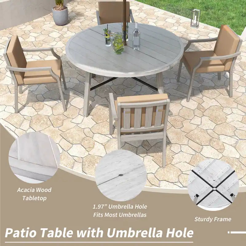 Outdoor Dinning Set 4-Person Outdoor Wooden Dinning Set with an Umbrella Hole and Removable Cushions