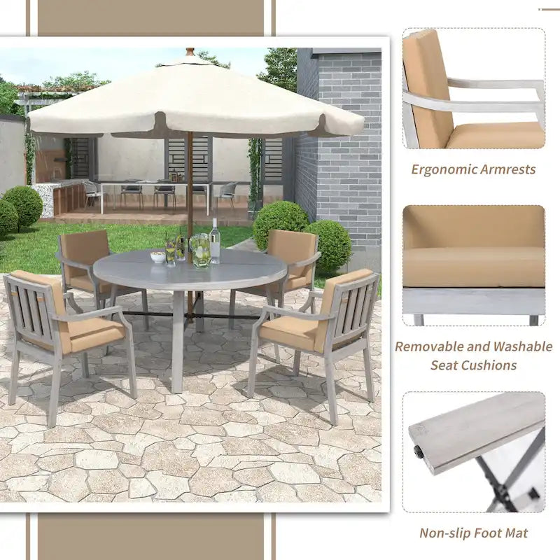 Outdoor Dinning Set 4-Person Outdoor Wooden Dinning Set with an Umbrella Hole and Removable Cushions